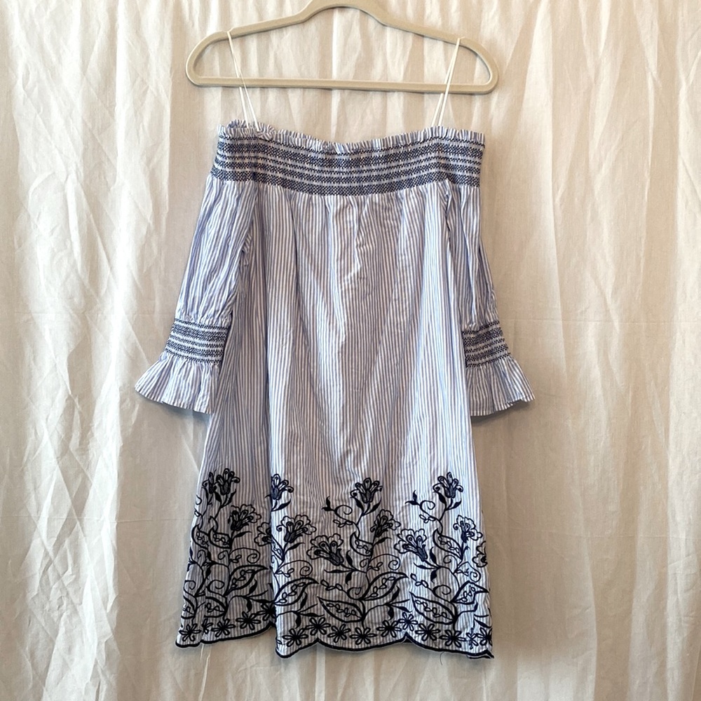 Altar’d State Off the Shoulder French Blue Striped and  Embroidered Dress